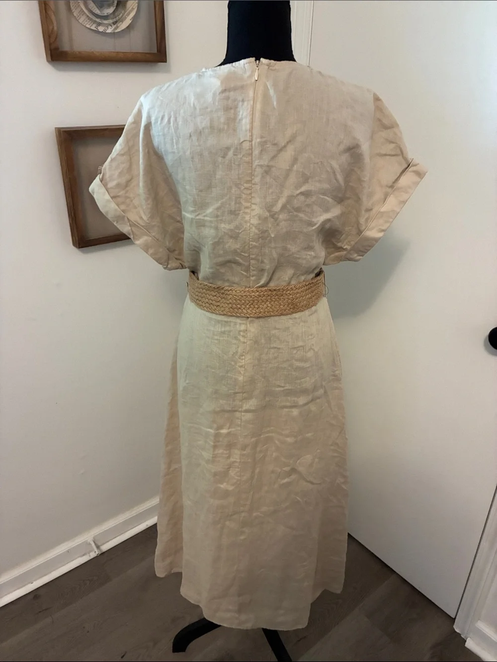 MNG Beige Linen Dress with Woven Belt